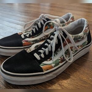 Vans Low Top Lace Up Black Suede Tropical Floral Sneakers Unisex